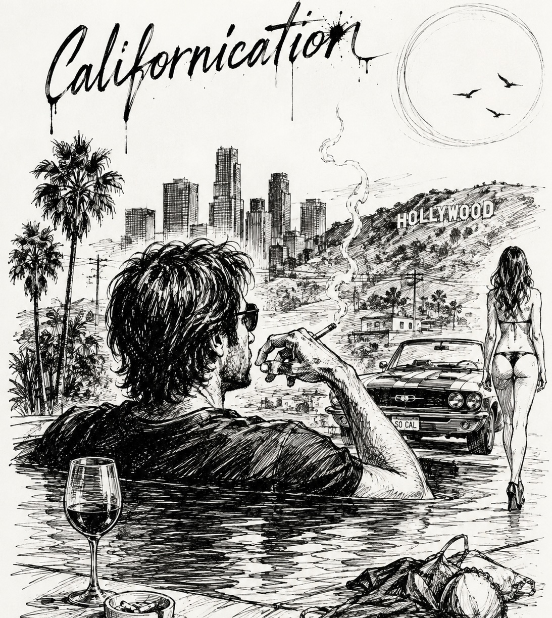 Californication — ink illustration of Hollywood, a man smoking in a pool, the city beyond